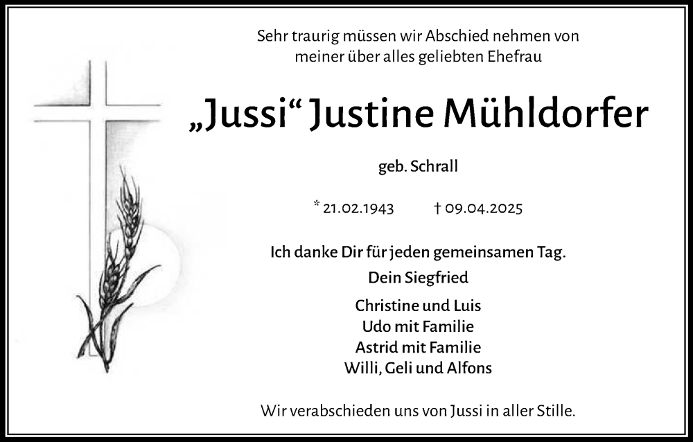  Traueranzeige für Justine Mühldorfer vom 19.04.2025 aus MGO
