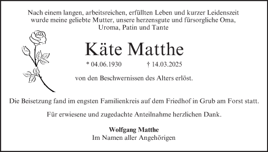 Anzeige von Käte Matthe von MGO