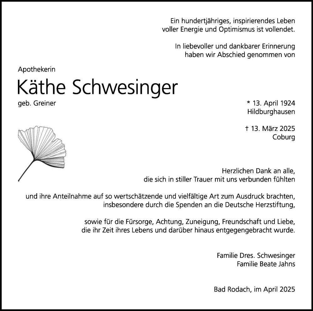  Traueranzeige für Käthe Schwesinger vom 19.04.2025 aus MGO