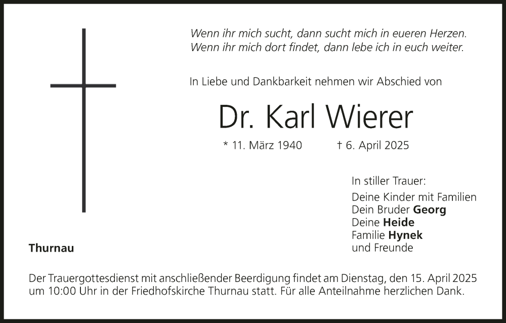 Traueranzeige für Karl Wierer vom 11.04.2025 aus MGO