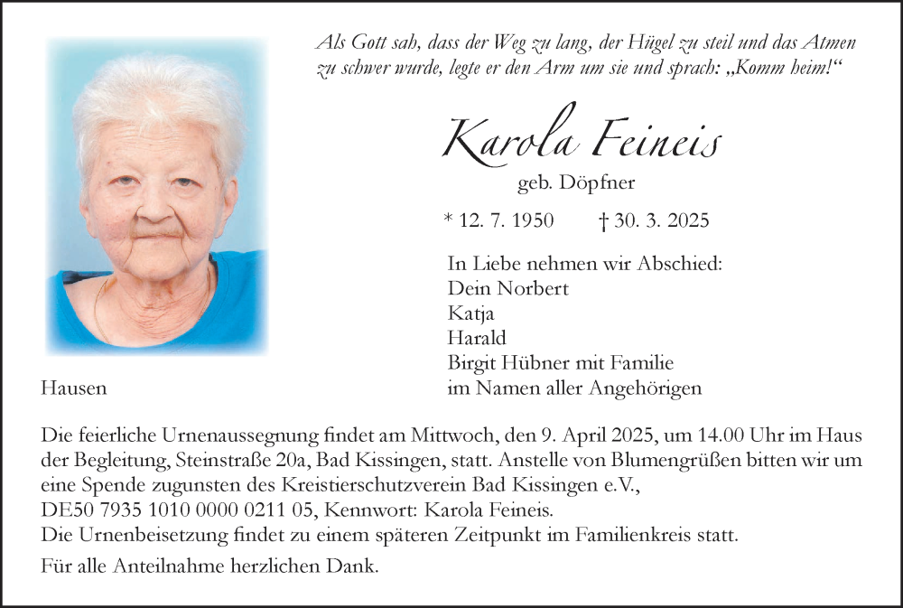  Traueranzeige für Karola Feineis vom 05.04.2025 aus MGO