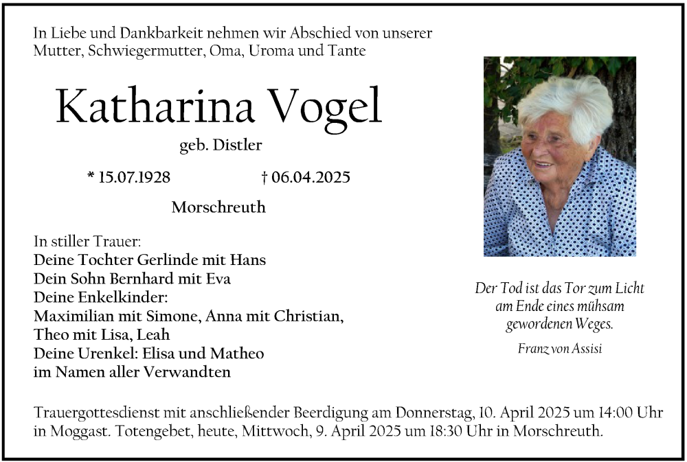  Traueranzeige für Katharina Vogel vom 09.04.2025 aus MGO