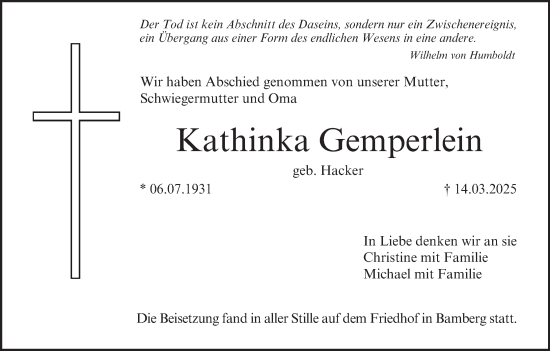 Anzeige von Kathinka Gemperlein von MGO