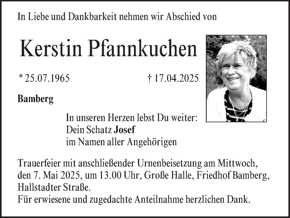  Traueranzeige für Kerstin Pfannkuchen vom 26.04.2025 aus MGO