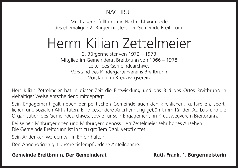  Traueranzeige für Kilian Zettelmeier vom 16.04.2025 aus MGO