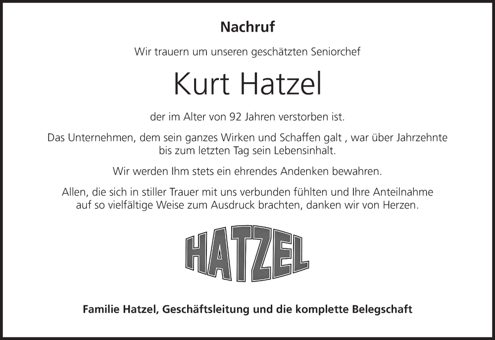  Traueranzeige für Kurt Hatzel vom 26.04.2025 aus MGO