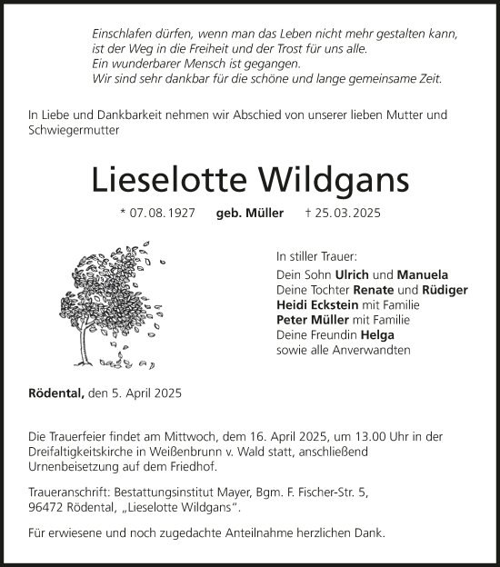 Anzeige von Lieselotte Wildgans von MGO