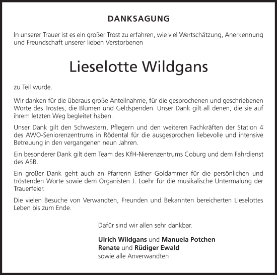 Anzeige von Lieselotte Wildgans von MGO