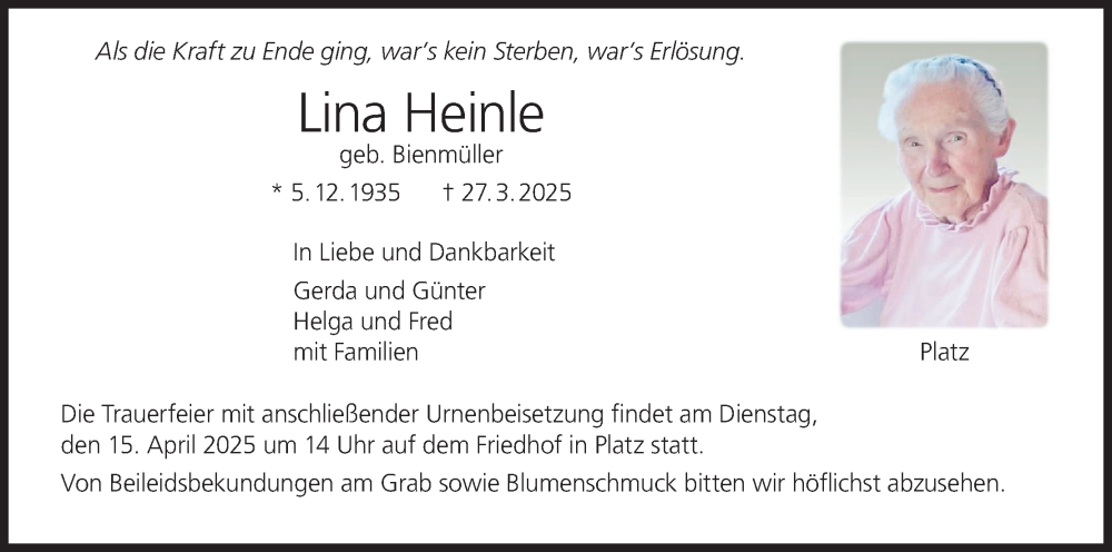  Traueranzeige für Lina Heinle vom 11.04.2025 aus MGO