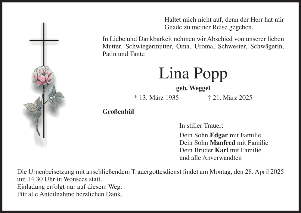  Traueranzeige für Lina Popp vom 25.04.2025 aus MGO