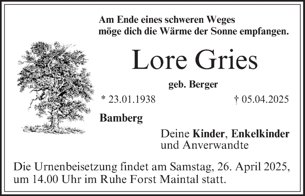  Traueranzeige für Lore Gries vom 19.04.2025 aus MGO