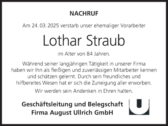 Anzeige von Lothar Straub von MGO