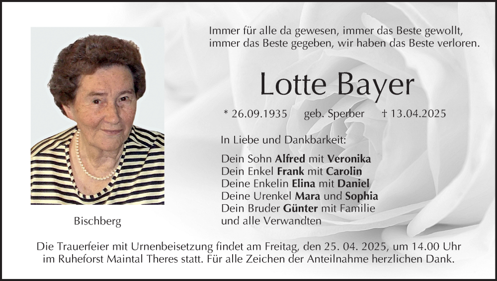  Traueranzeige für Lotte Bayer vom 19.04.2025 aus MGO