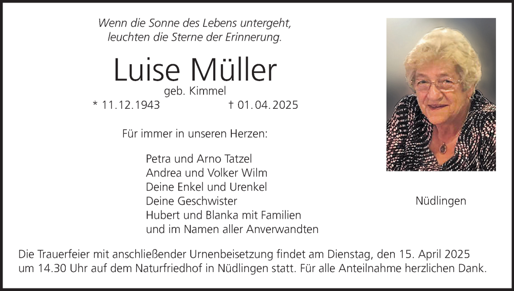  Traueranzeige für Luise Müller vom 05.04.2025 aus MGO