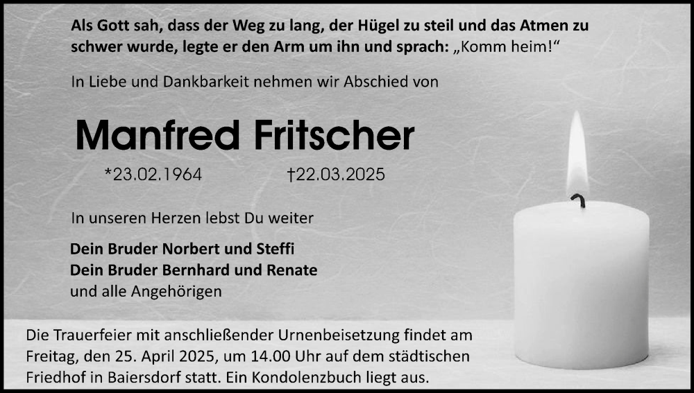  Traueranzeige für Manfred Fritscher vom 19.04.2025 aus MGO