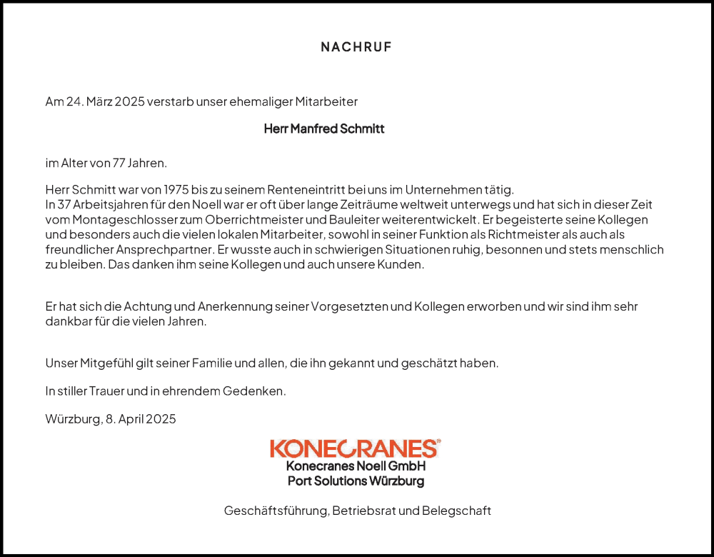  Traueranzeige für Manfred Schmitt vom 08.04.2025 aus MGO