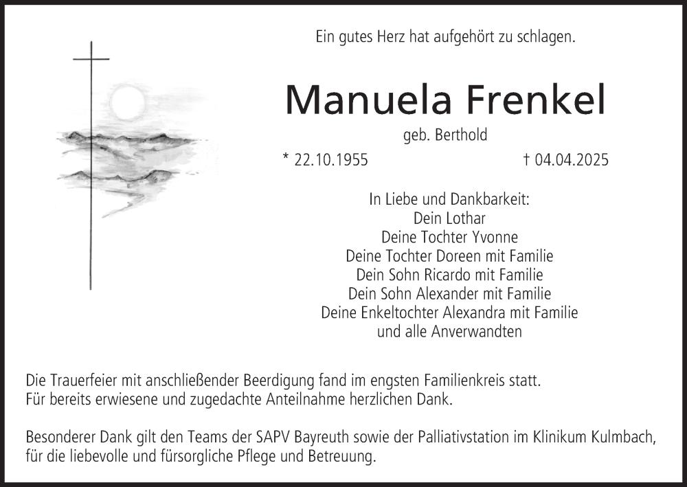  Traueranzeige für Manuela Frenkel vom 12.04.2025 aus MGO