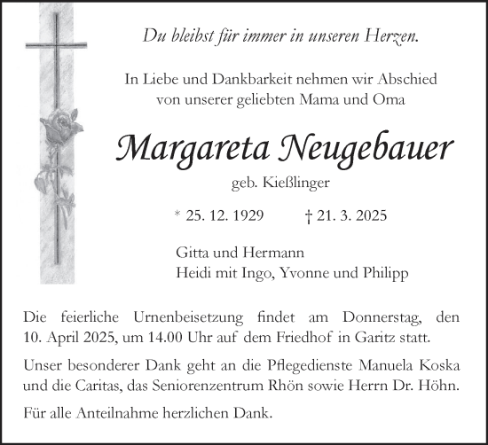 Anzeige von Margareta Neugebauer von MGO