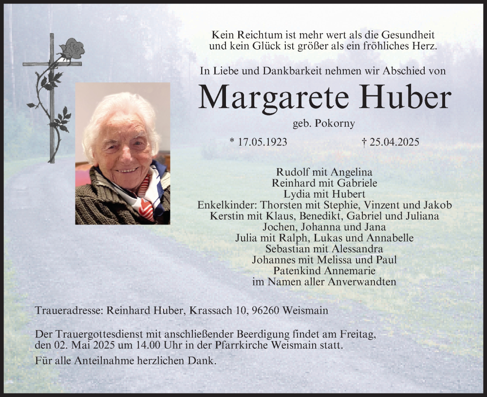  Traueranzeige für Margarete Huber vom 29.04.2025 aus MGO