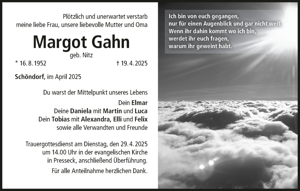  Traueranzeige für Margot Gahn vom 25.04.2025 aus MGO