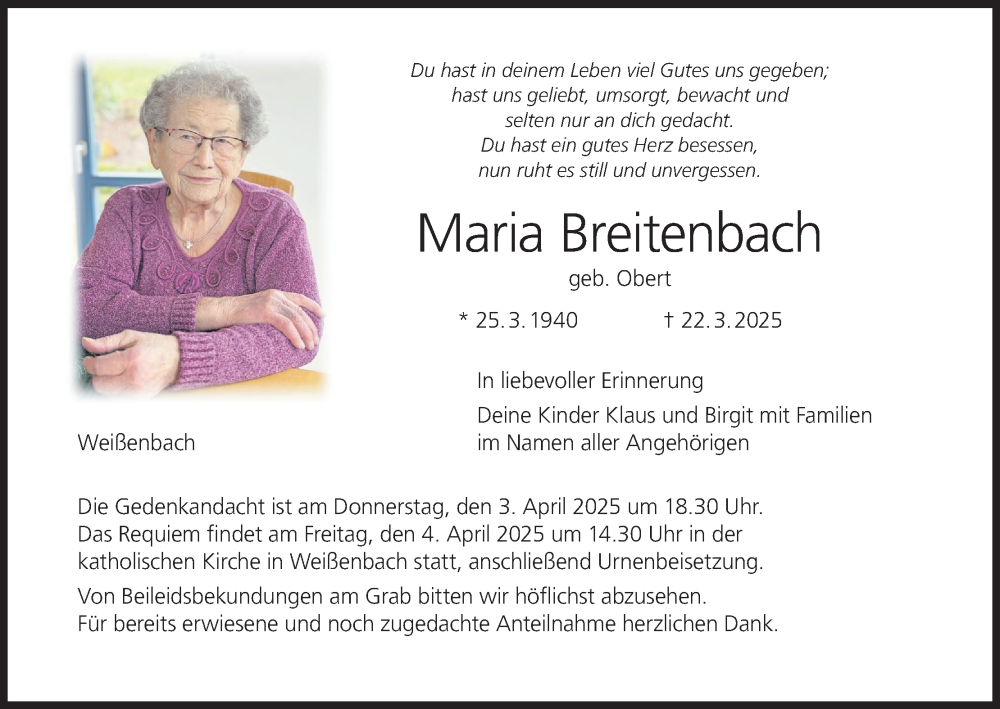  Traueranzeige für Maria Breitenbach vom 01.04.2025 aus MGO
