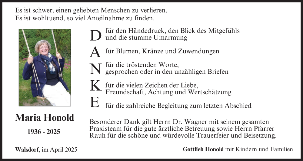  Traueranzeige für Maria Honold vom 19.04.2025 aus MGO