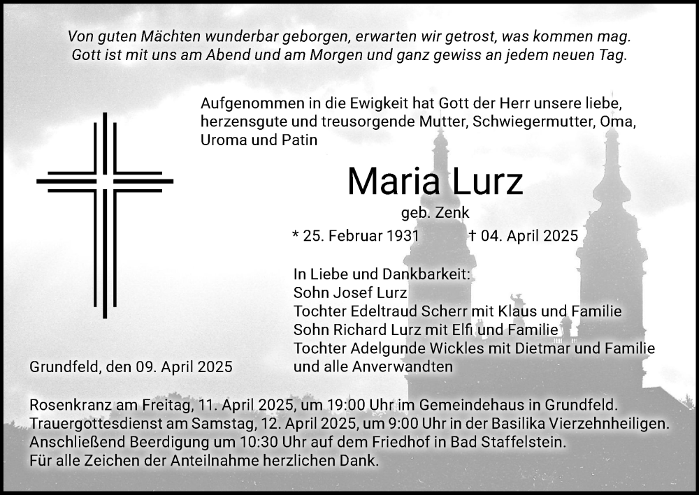  Traueranzeige für Maria Lurz vom 09.04.2025 aus MGO