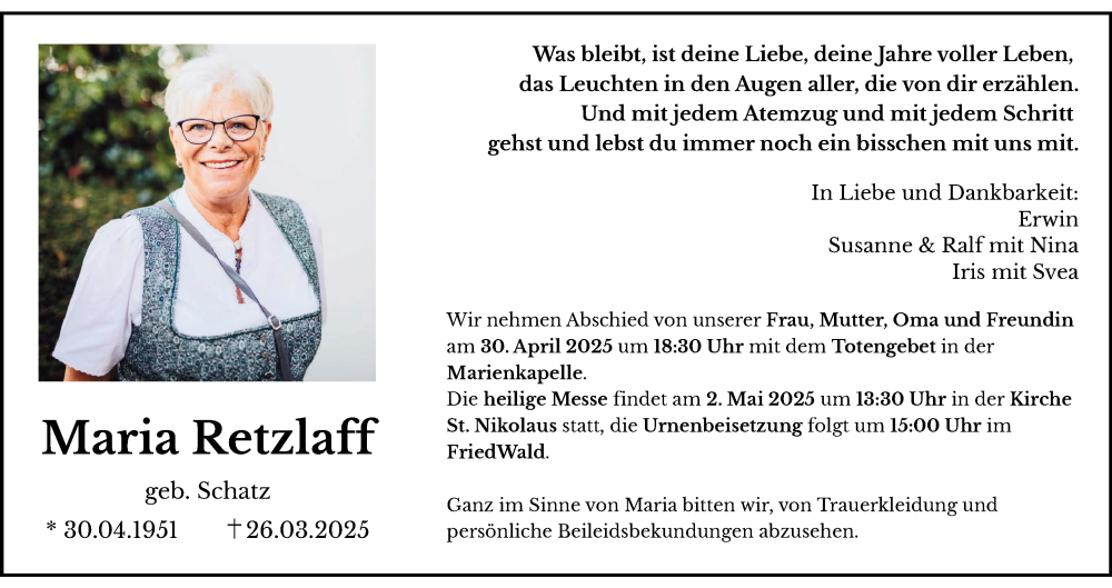  Traueranzeige für Maria Retzlaff vom 19.04.2025 aus MGO