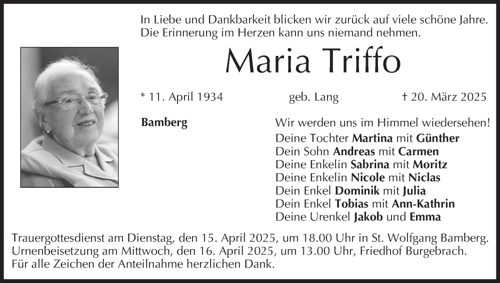  Traueranzeige für Maria Triffo vom 12.04.2025 aus MGO