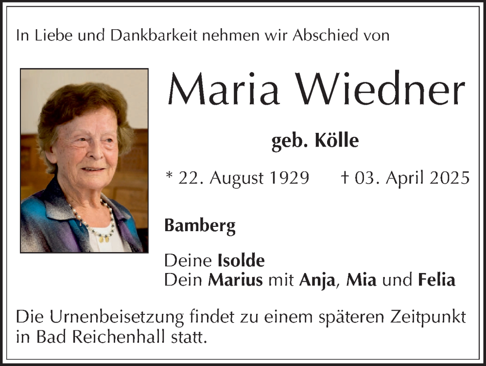  Traueranzeige für Maria Wiedner vom 12.04.2025 aus MGO