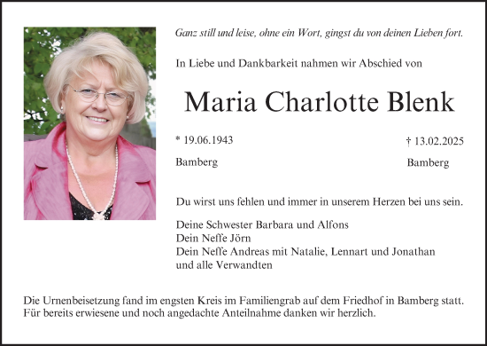 Anzeige von Maria Charlotte Blenk von MGO