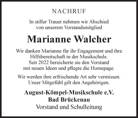 Anzeige von Marianne Walcher von MGO