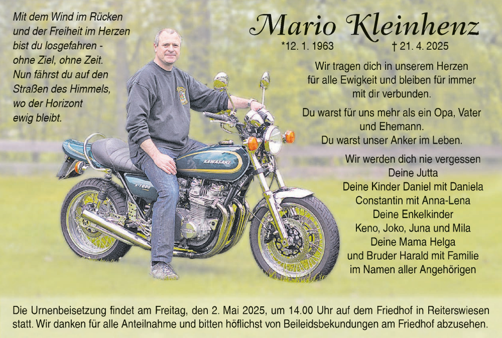  Traueranzeige für Mario Kleinhenz vom 26.04.2025 aus MGO