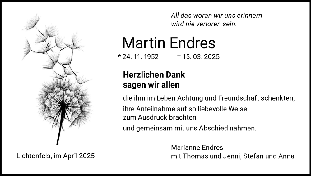  Traueranzeige für Martin Endres vom 05.04.2025 aus MGO