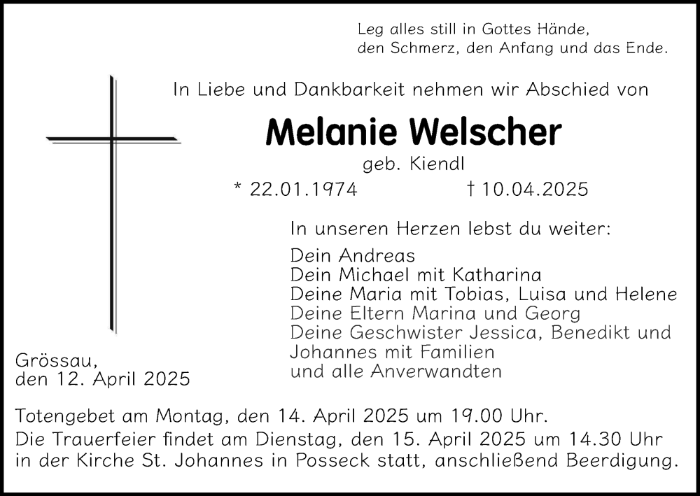  Traueranzeige für Melanie Welscher vom 12.04.2025 aus MGO