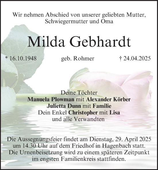 Anzeige von Milda Gebhardt von MGO