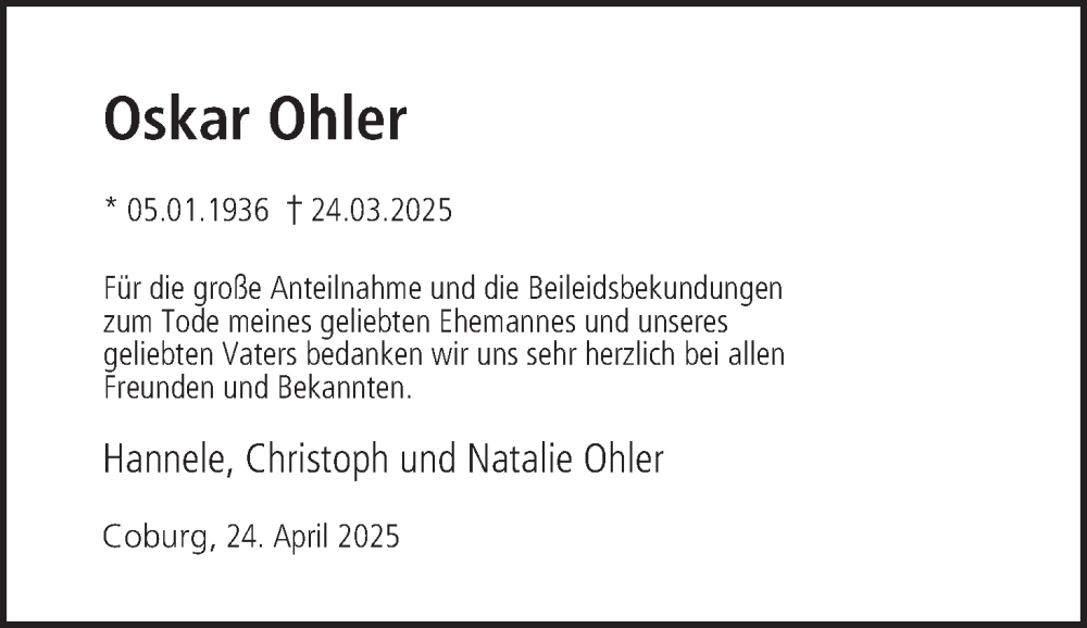  Traueranzeige für Oskar Ohler vom 26.04.2025 aus MGO