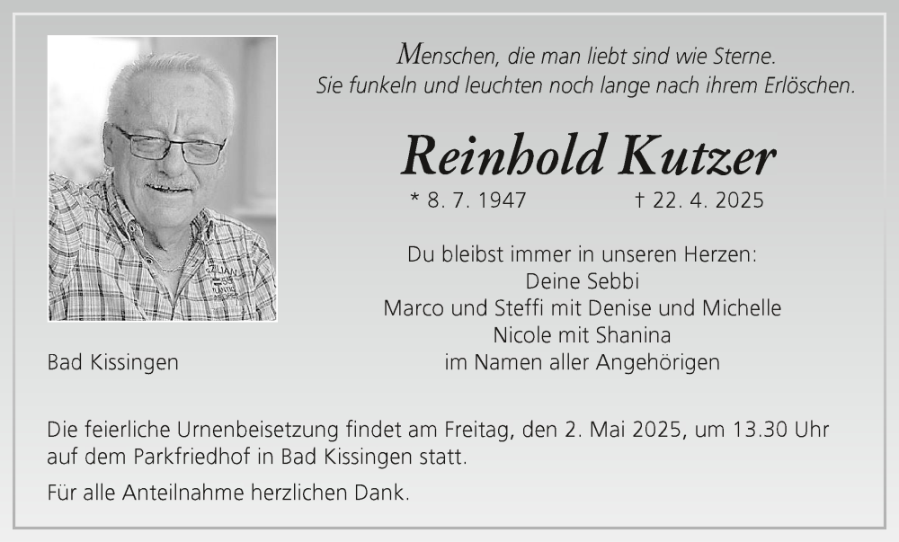  Traueranzeige für Reinhold Kutzer vom 26.04.2025 aus MGO