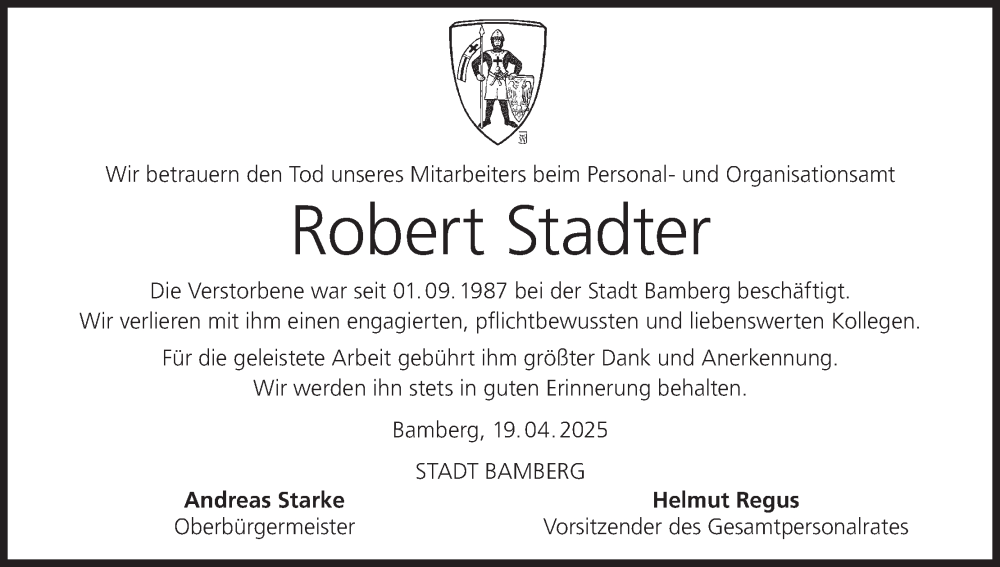  Traueranzeige für Robert Stadter vom 19.04.2025 aus MGO