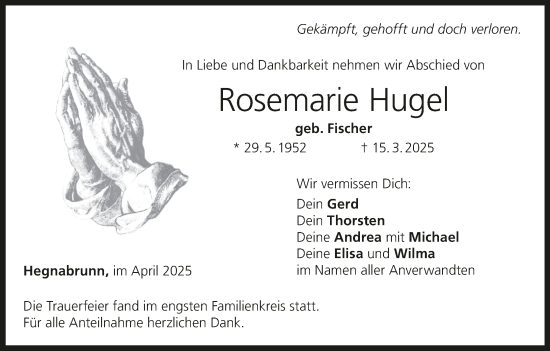 Anzeige von Rosemarie Hugel von MGO