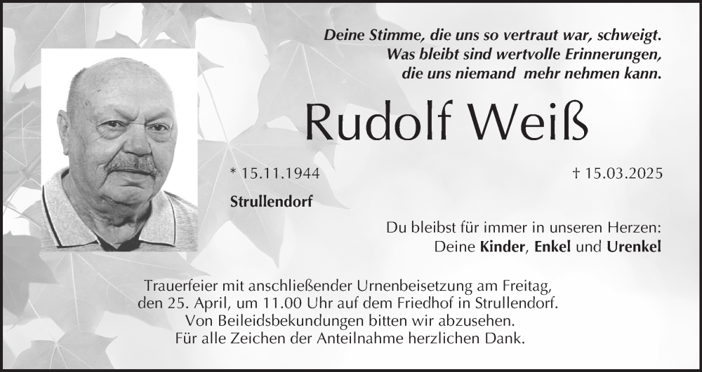  Traueranzeige für Rudolf Weiß vom 19.04.2025 aus MGO