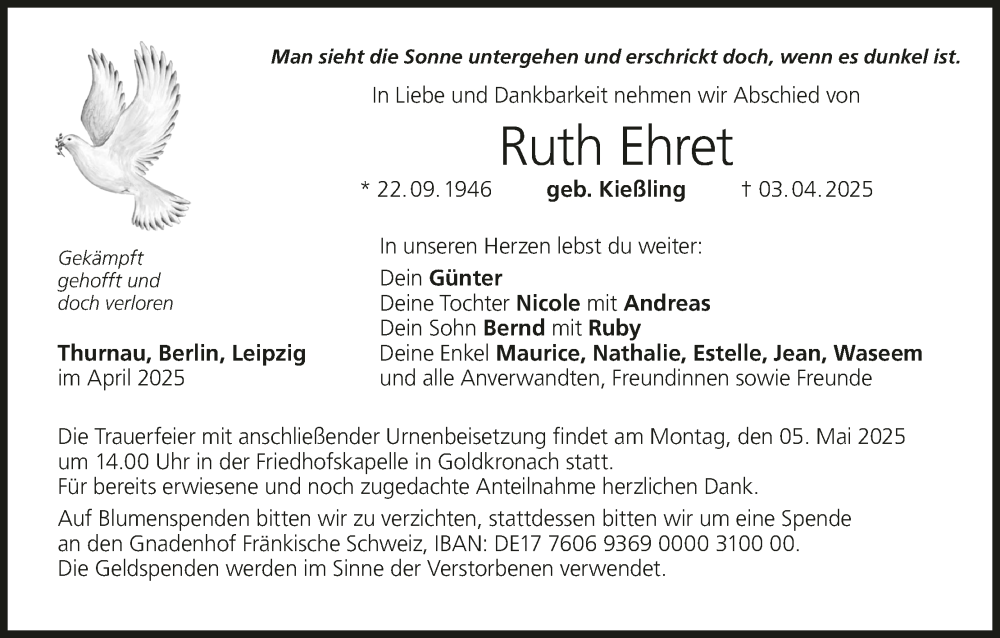  Traueranzeige für Ruth Ehret vom 26.04.2025 aus MGO