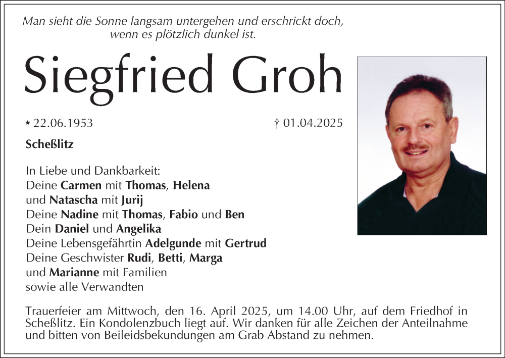  Traueranzeige für Siegfried Groh vom 12.04.2025 aus MGO