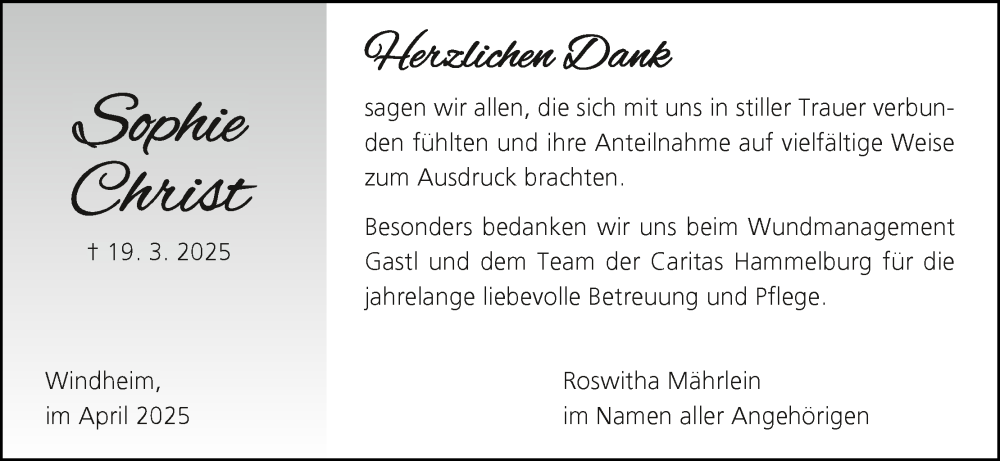 Traueranzeige für Sophie Christ vom 12.04.2025 aus MGO