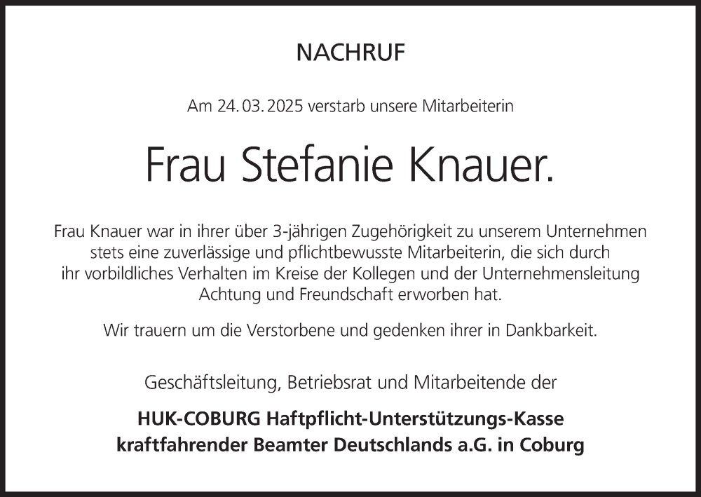  Traueranzeige für Stefanie Knauer vom 08.04.2025 aus MGO
