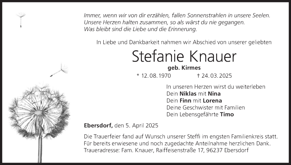  Traueranzeige für Stefanie Knauer vom 05.04.2025 aus MGO