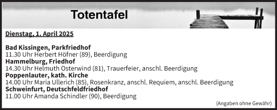 Anzeige von Totentafel vom 01.04.2025 von MGO