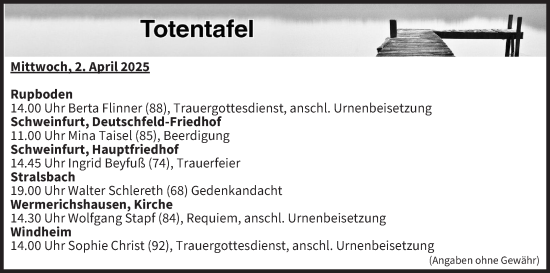 Anzeige von Totentafel vom 02.04.2025 von MGO