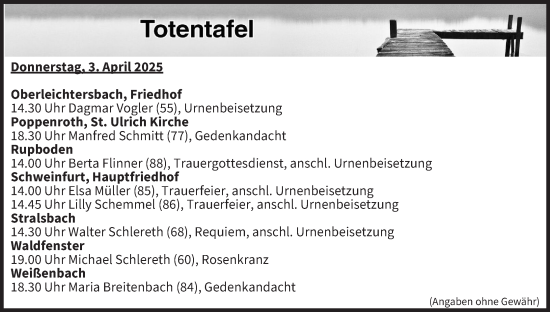 Anzeige von Totentafel vom 03.04.2025 von MGO