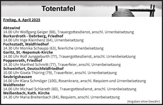 Anzeige von Totentafel vom 04.04.2025 von MGO